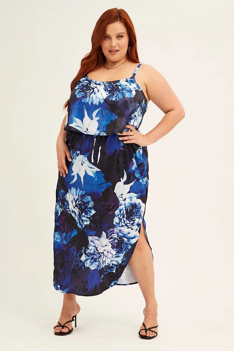 Timeless elegance Blue Abstract Midi Dress Sleeveless Side Split Satin