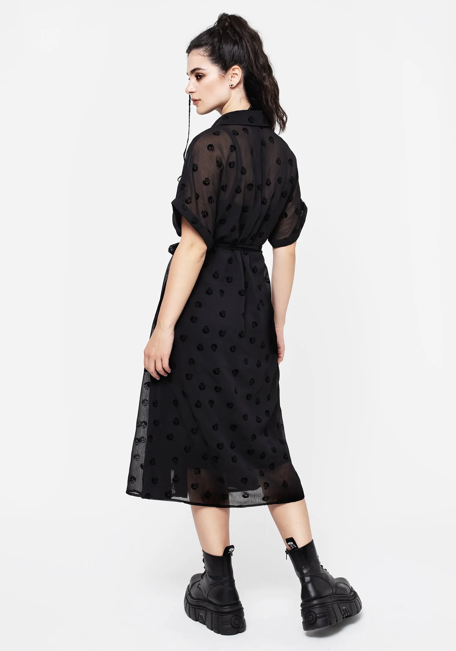 Bones Flocked Pintuck Chiffon Midi Shirt Dress Flight Hall Amber Light
