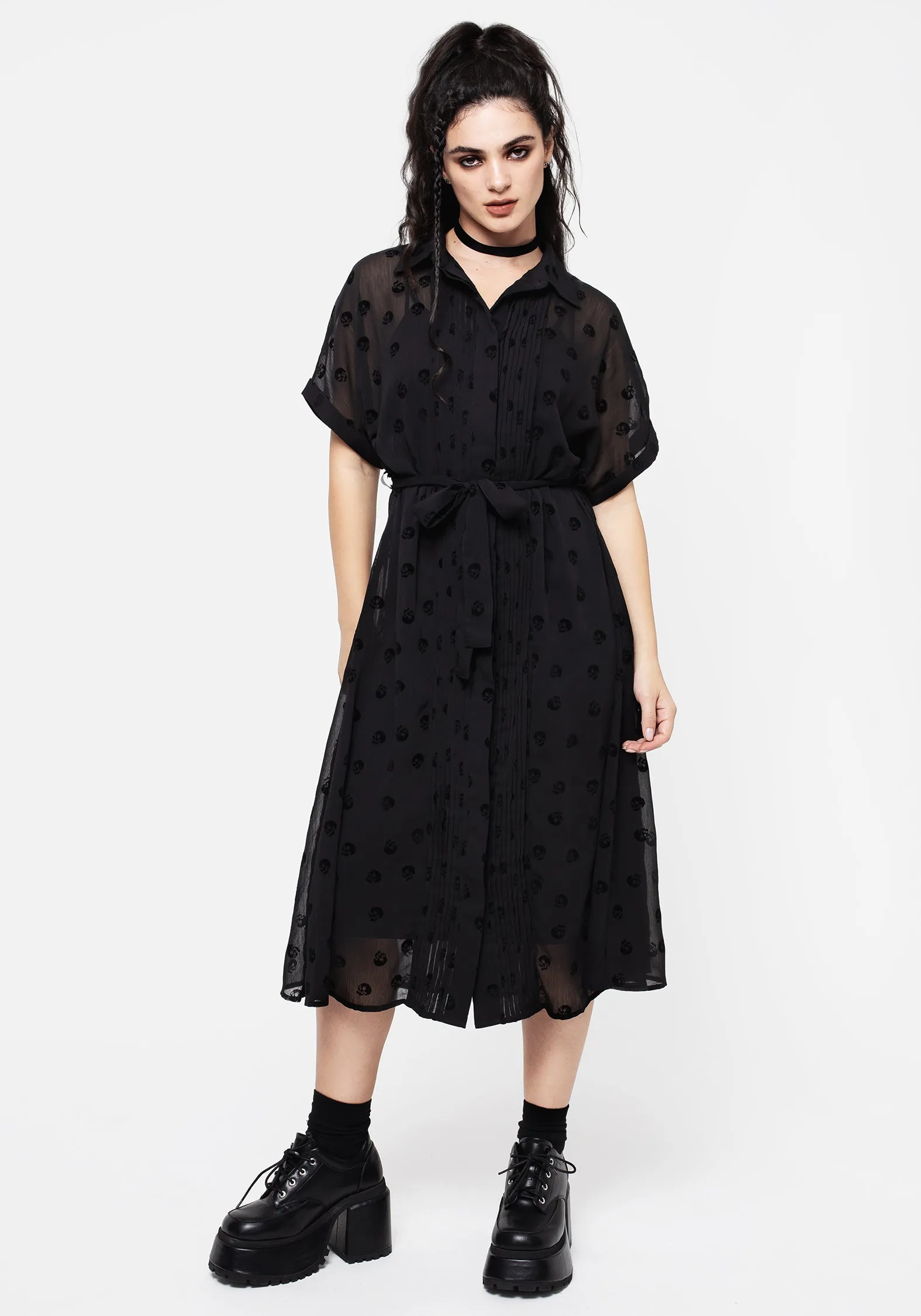 Versatile Wardrobe Bones Flocked Pintuck Chiffon Midi Shirt Dress