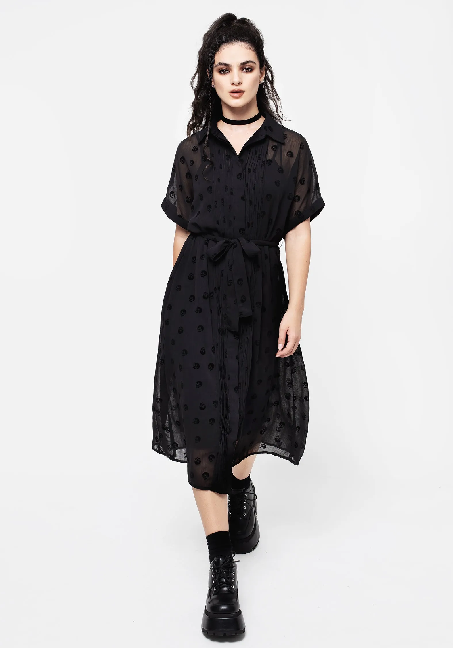 Bones Flocked Pintuck Chiffon Midi Shirt Dress Elegant knee-length dress Flattering Fit