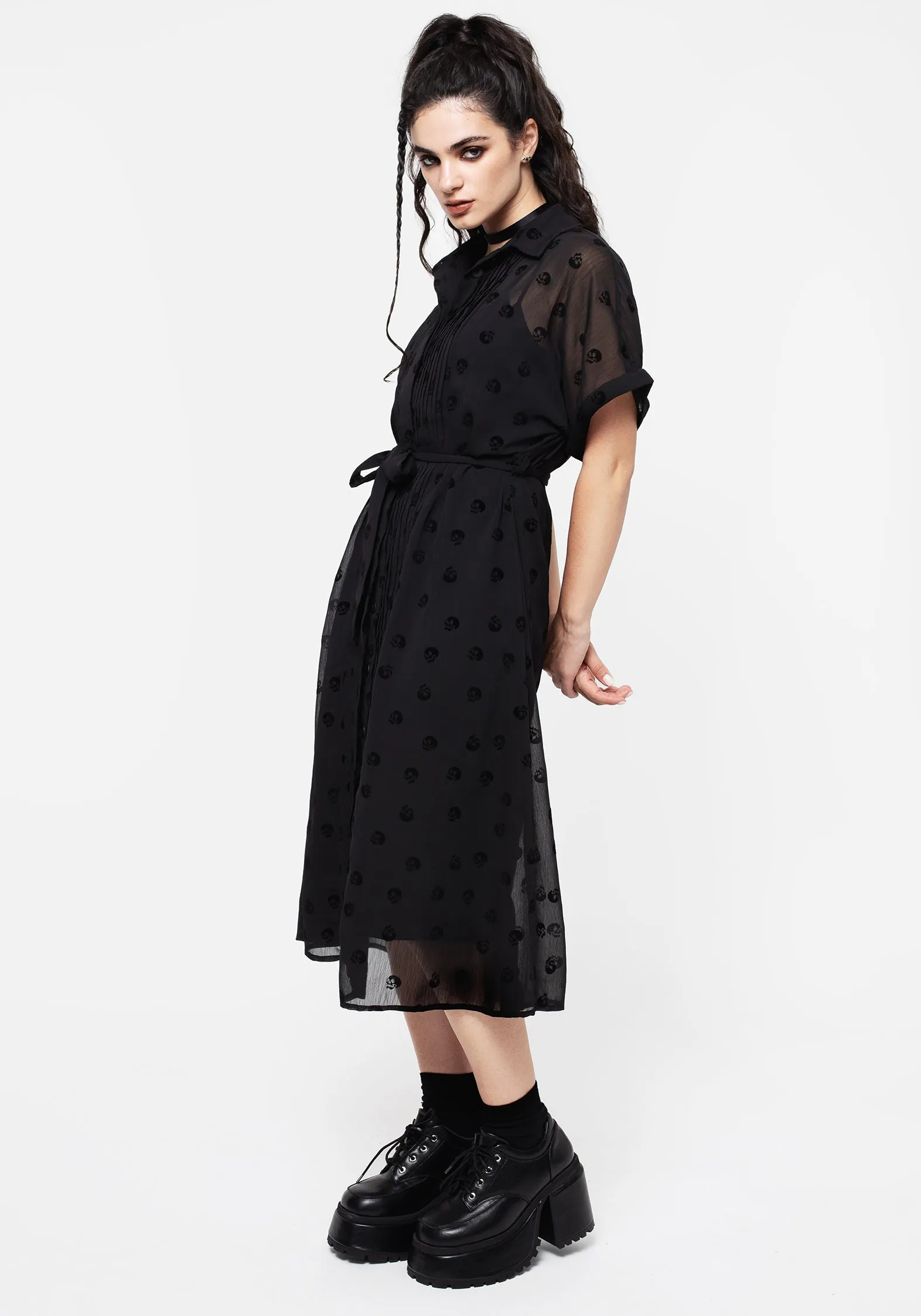 Bones Flocked Pintuck Chiffon Midi Shirt Dress Ice Lake Resort Stay