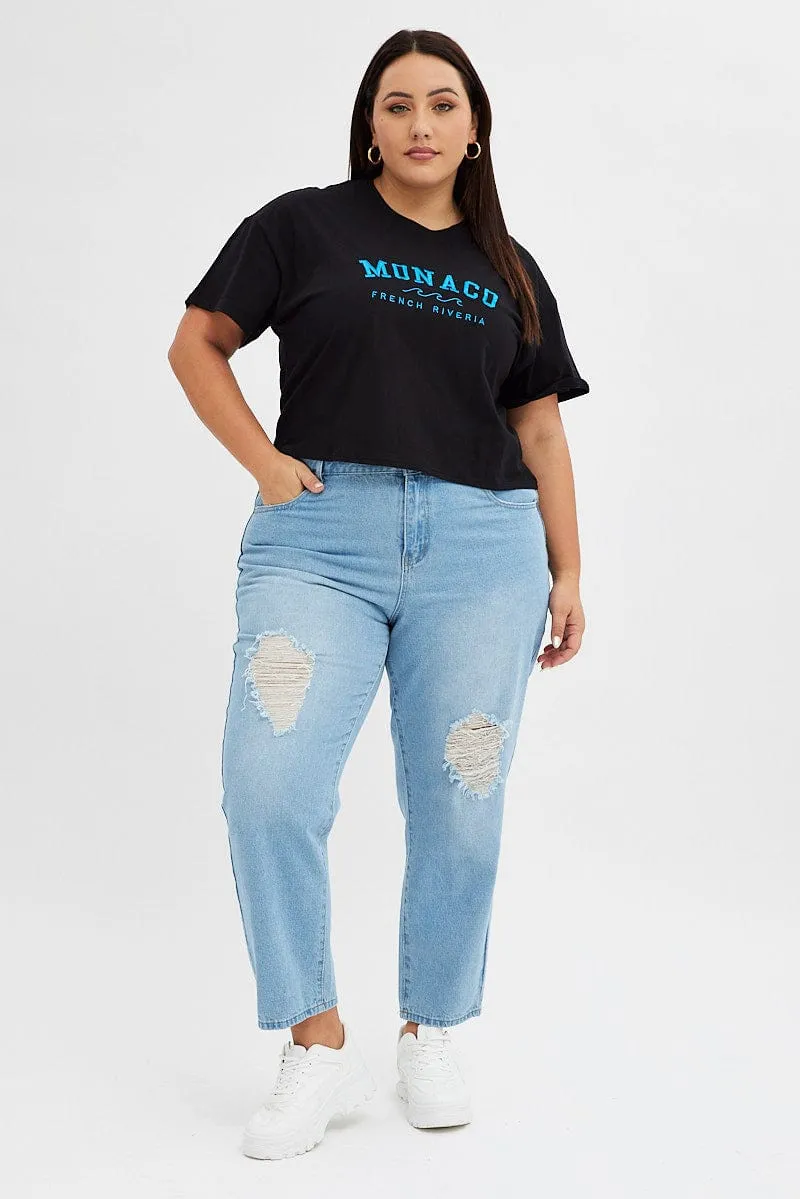 Lightweight Layer Black Graphic T-shirt Embroidered Monaco Short Sleeve
