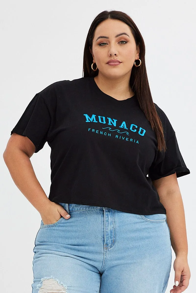 Versatile Top RibbedNeckBanding Black Graphic T-shirt Embroidered Monaco Short Sleeve