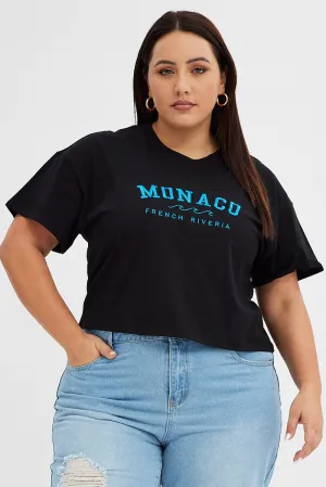 Black Graphic T-shirt Embroidered Monaco Short Sleeve High-End Quality Autumn coziness