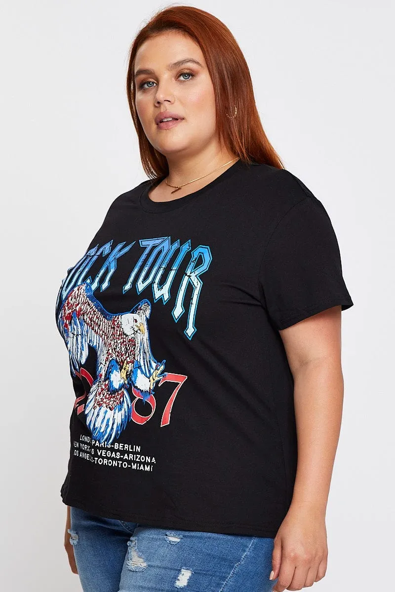 Black Graphic T-shirt Rock Tour Crew Neck Short Sleeve Seasonal Comfort Style