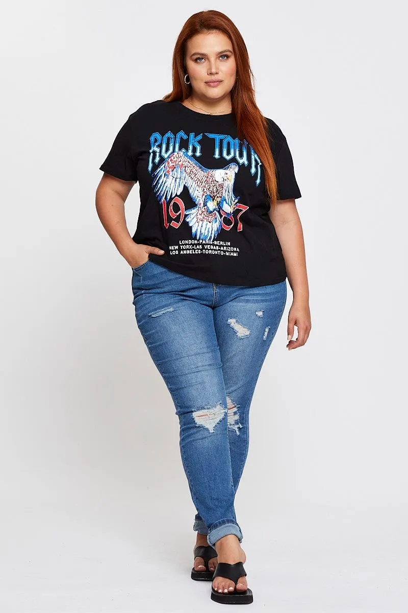 Stylish and Cozy Chilly Day Style Black Graphic T-shirt Rock Tour Crew Neck Short Sleeve