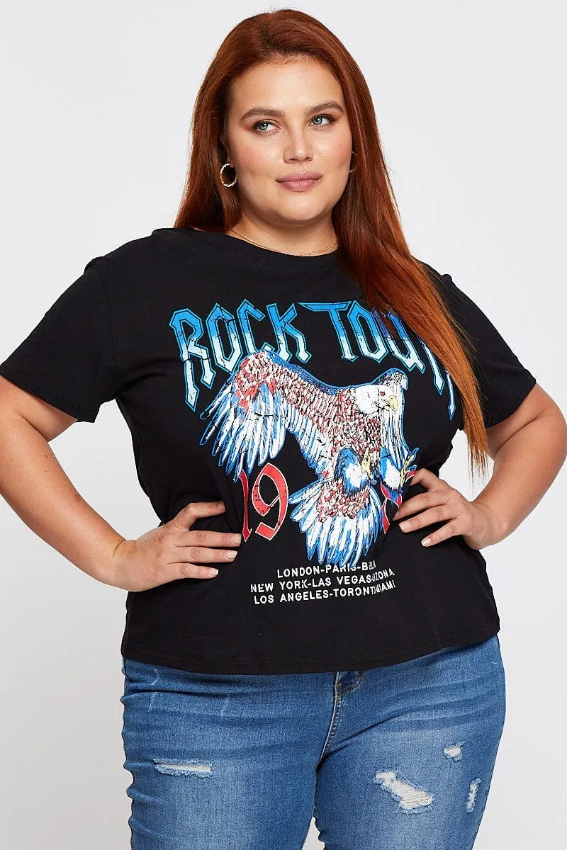 Business Meeting Trendy Look Black Graphic T-shirt Rock Tour Crew Neck Short Sleeve