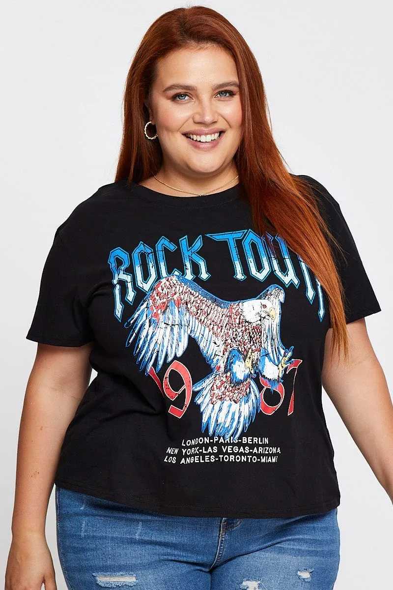 Black Graphic T-shirt Rock Tour Crew Neck Short Sleeve Party fun AllWeatherComfort