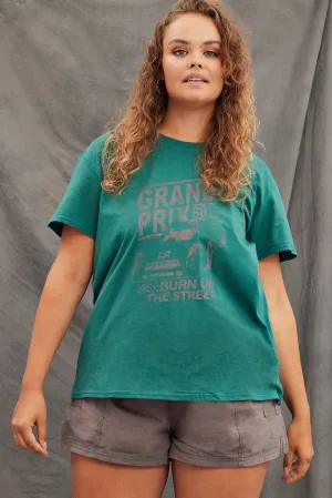 Green Graphic T-shirt Grand Prix Cotton Jersey Casual All-Day