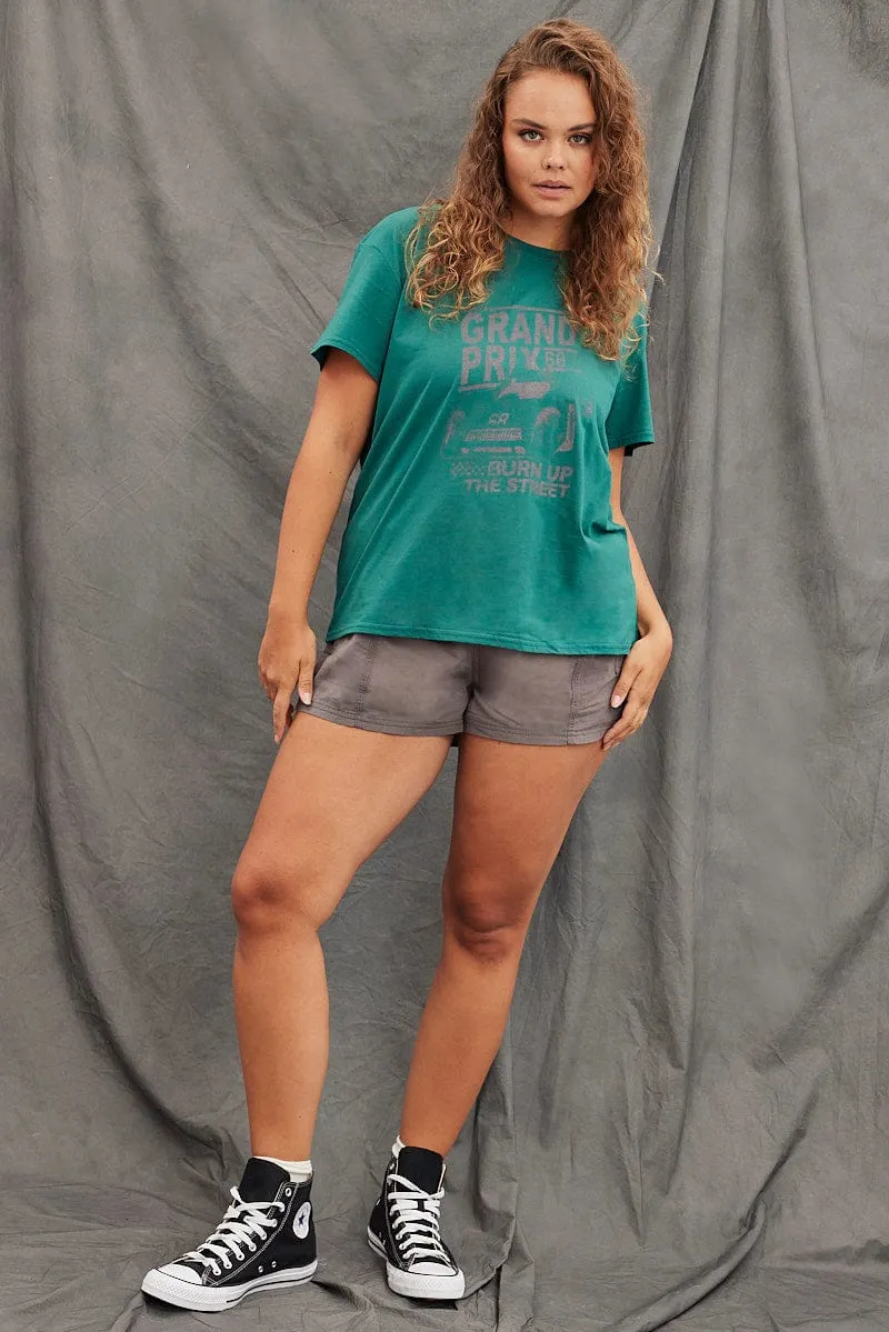 Green Graphic T-shirt Grand Prix Cotton Jersey Leisure Casual