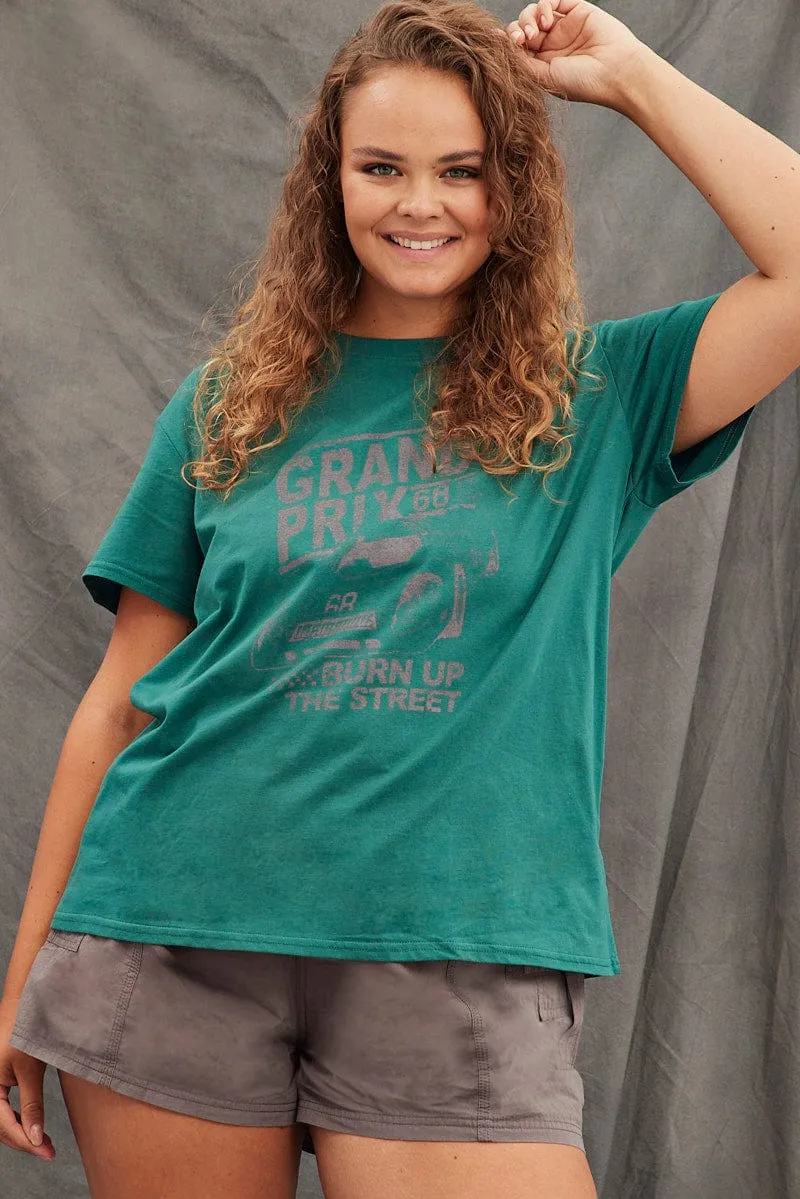 Green Graphic T-shirt Grand Prix Cotton Jersey Feminine Appeal Sporty essentials