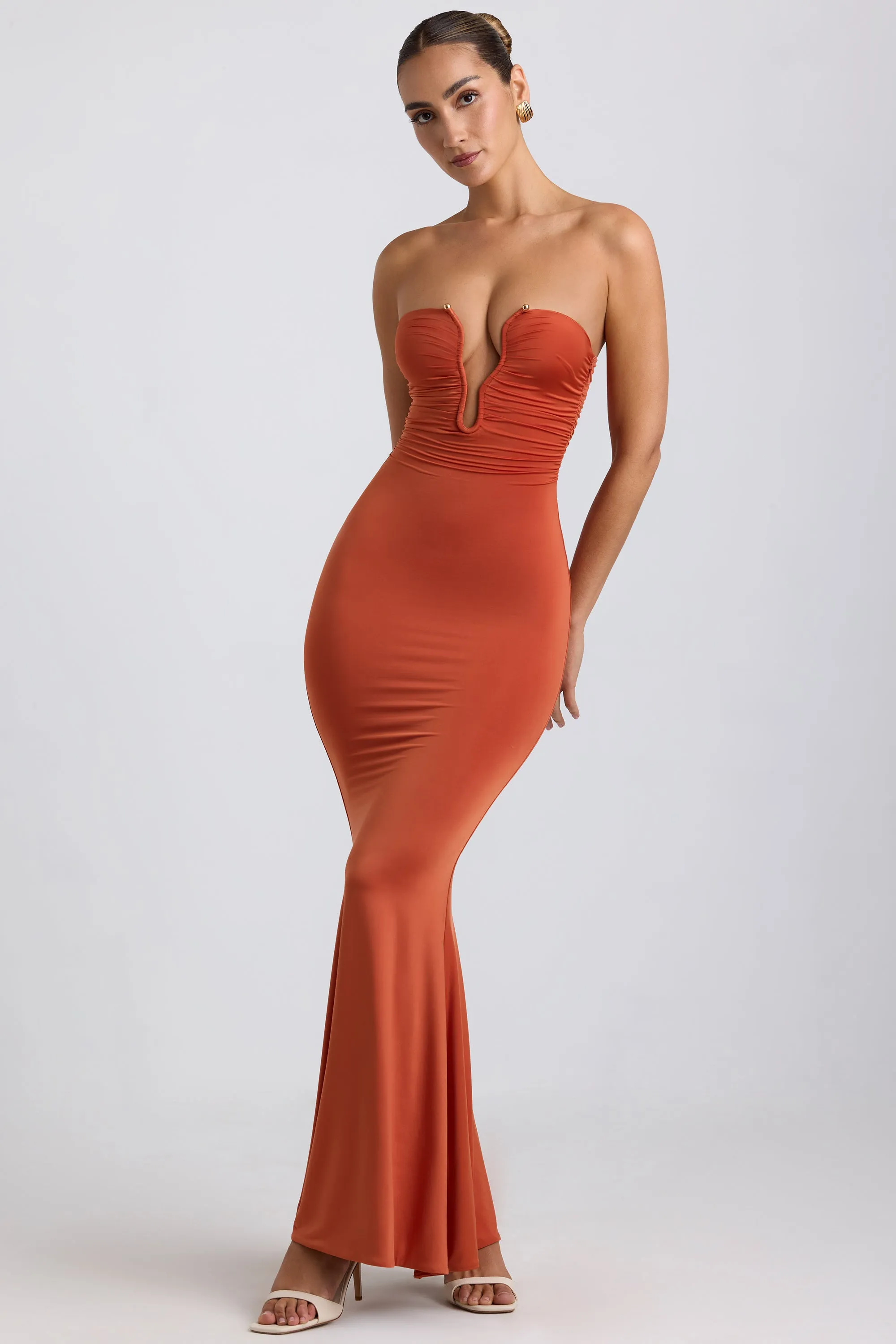 Slinky Jersey Hardware Detail Strapless Maxi Dress in Burnt Orange The flattering silhouette of this dress enhances your figure without compromising comfort