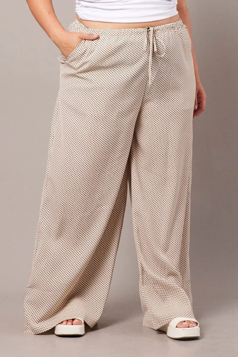 Beige Geo Wide Leg Pants High Rise Hip Friendly Pockets Windproof coating