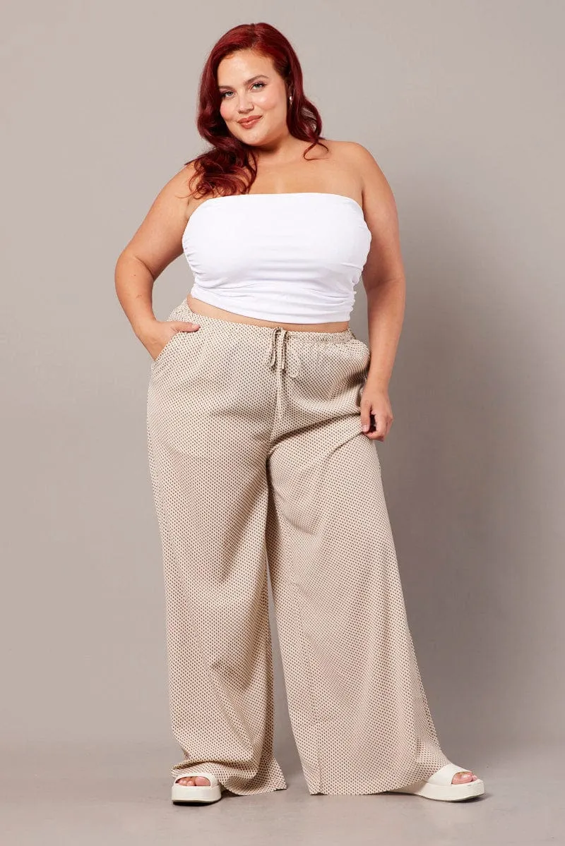 WrinkleFreeFabric Sport Performance Beige Geo Wide Leg Pants High Rise
