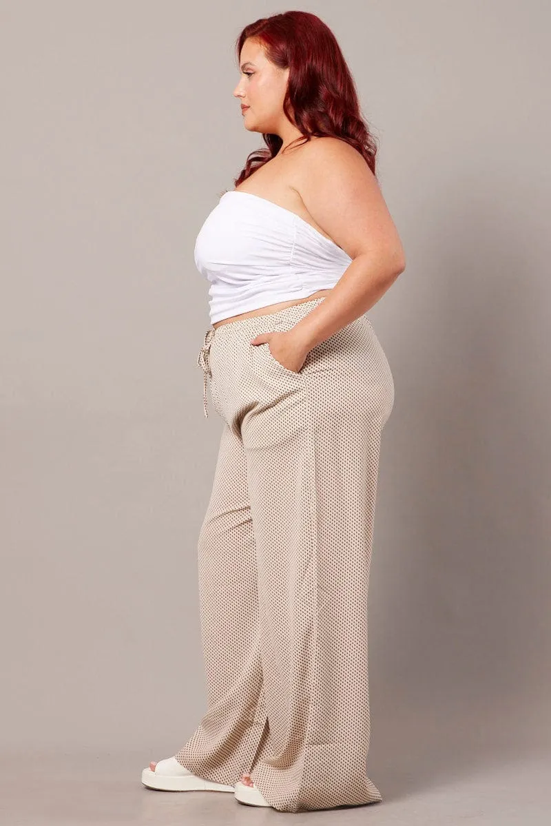 Beige Geo Wide Leg Pants High Rise AntiPilling EcoFriendlyMaterials