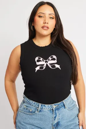 Transitional Fashion Black Tank Top Ribbon Print