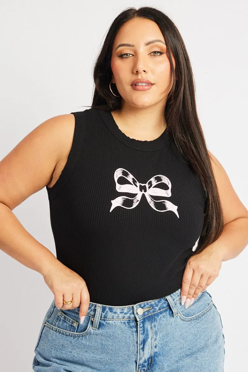 Adjustable Waistbands Black Tank Top Ribbon Print