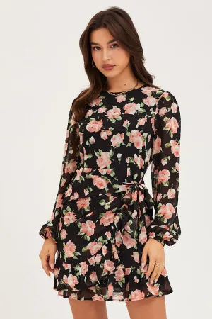 Breathable Style Print Wrap Dress Long Sleeve Mini Ruffle