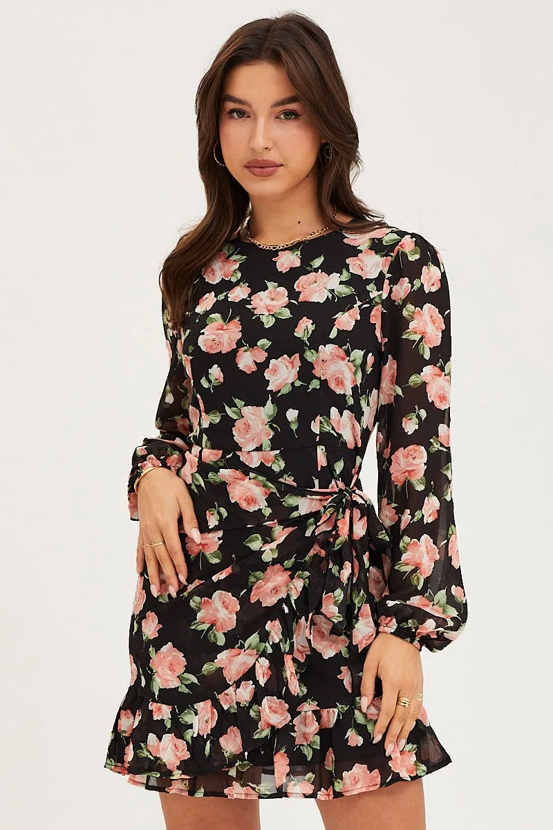 Compression Fit clean design Print Wrap Dress Long Sleeve Mini Ruffle