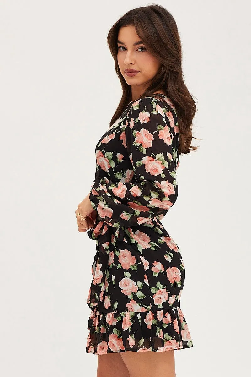 Print Wrap Dress Long Sleeve Mini Ruffle QuickDry Construction Dream Feel