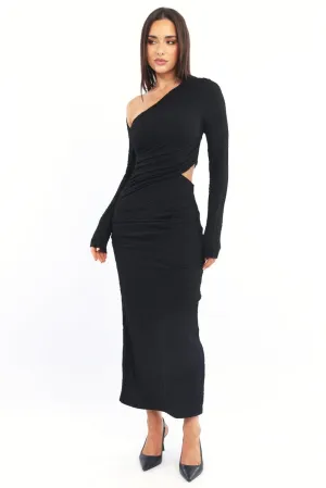 Black Bodycon Dress Textured Midi HighVisibility