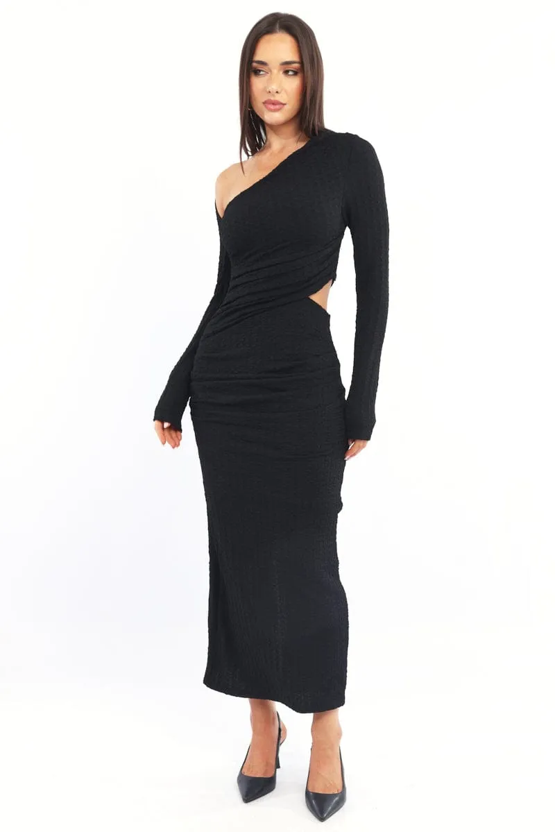 Black Bodycon Dress Textured Midi HighVisibility