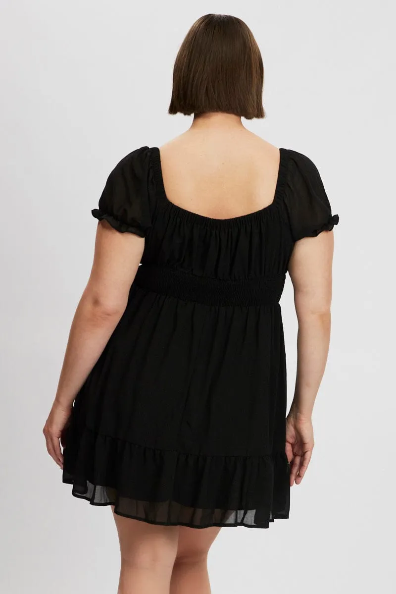 Black Bow Front Shirred Waist Mini Dress Sleek Fashion