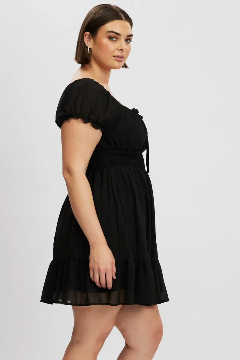 Black Bow Front Shirred Waist Mini Dress Stage Glow