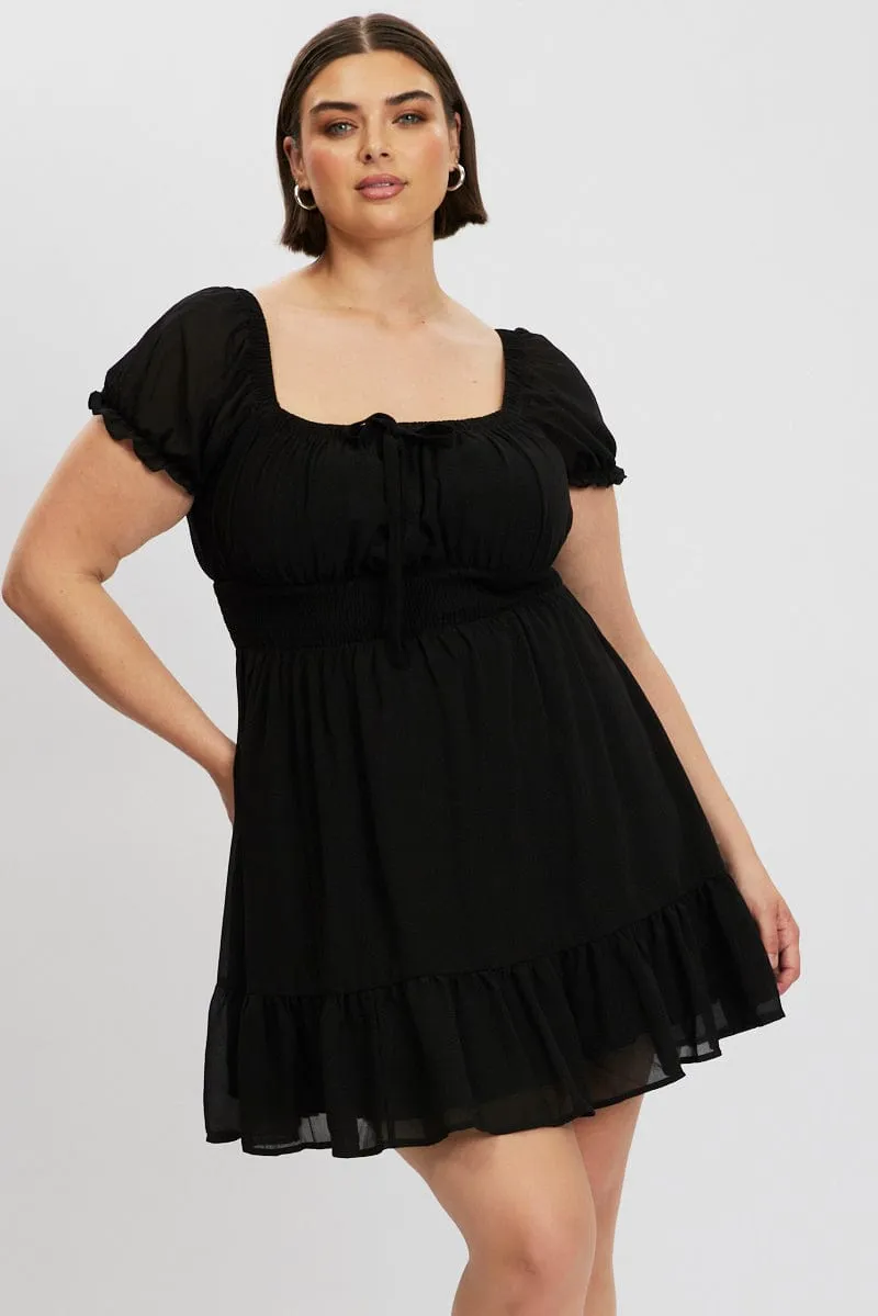 Playful Fashion Stylish Appeal Black Bow Front Shirred Waist Mini Dress
