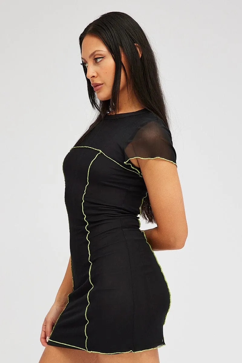 Daring Mode Black Mini Dress Cap Sleeve Crew Neck Bodycon Mesh