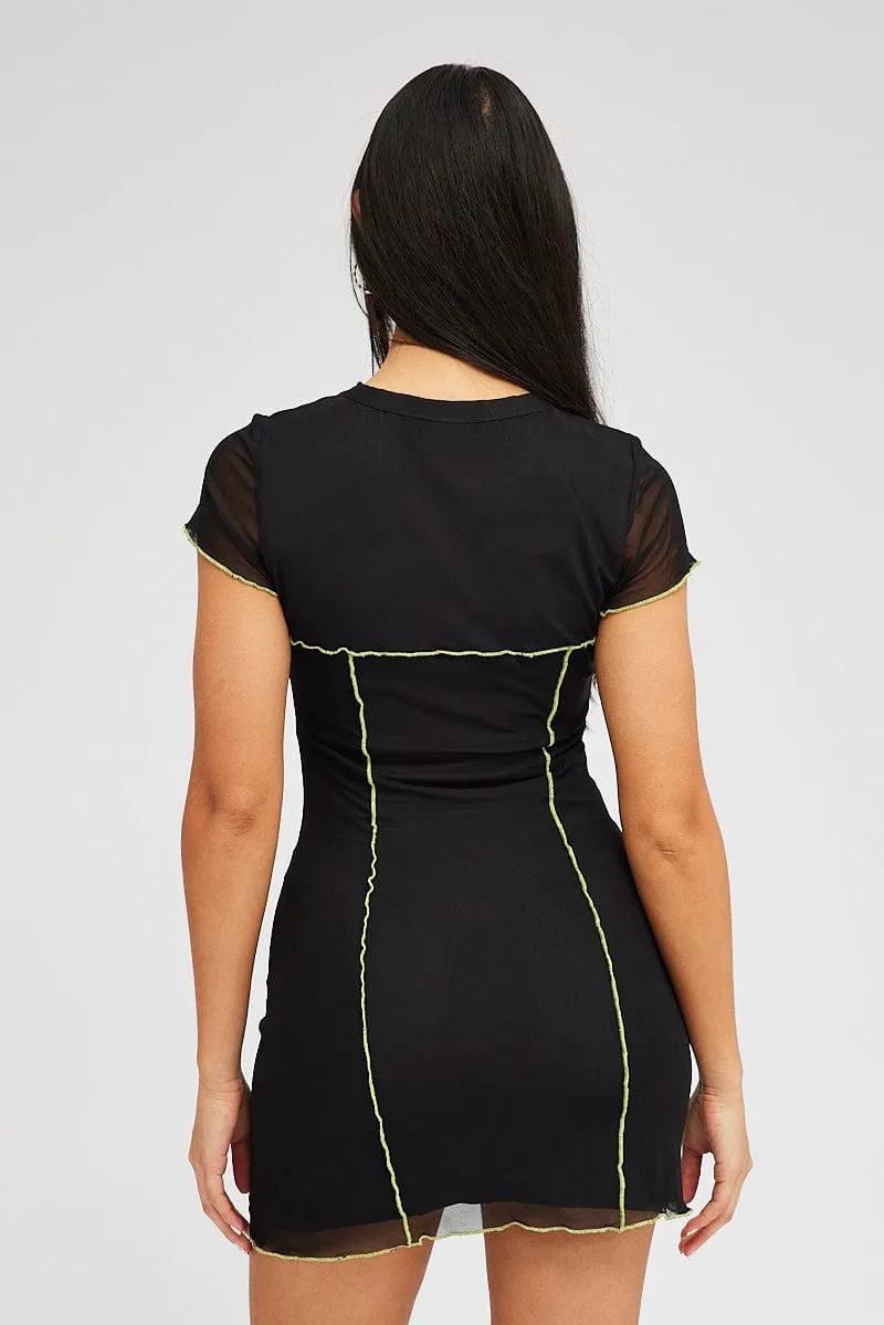 Day-to-evening versatile mini Black Mini Dress Cap Sleeve Crew Neck Bodycon Mesh