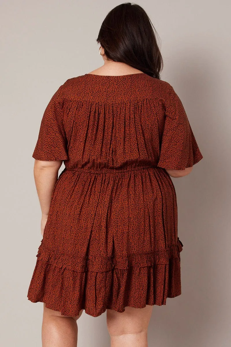 Brown Geo Shell Button Mini Dress Highlight Zone Non Restrictive Cut