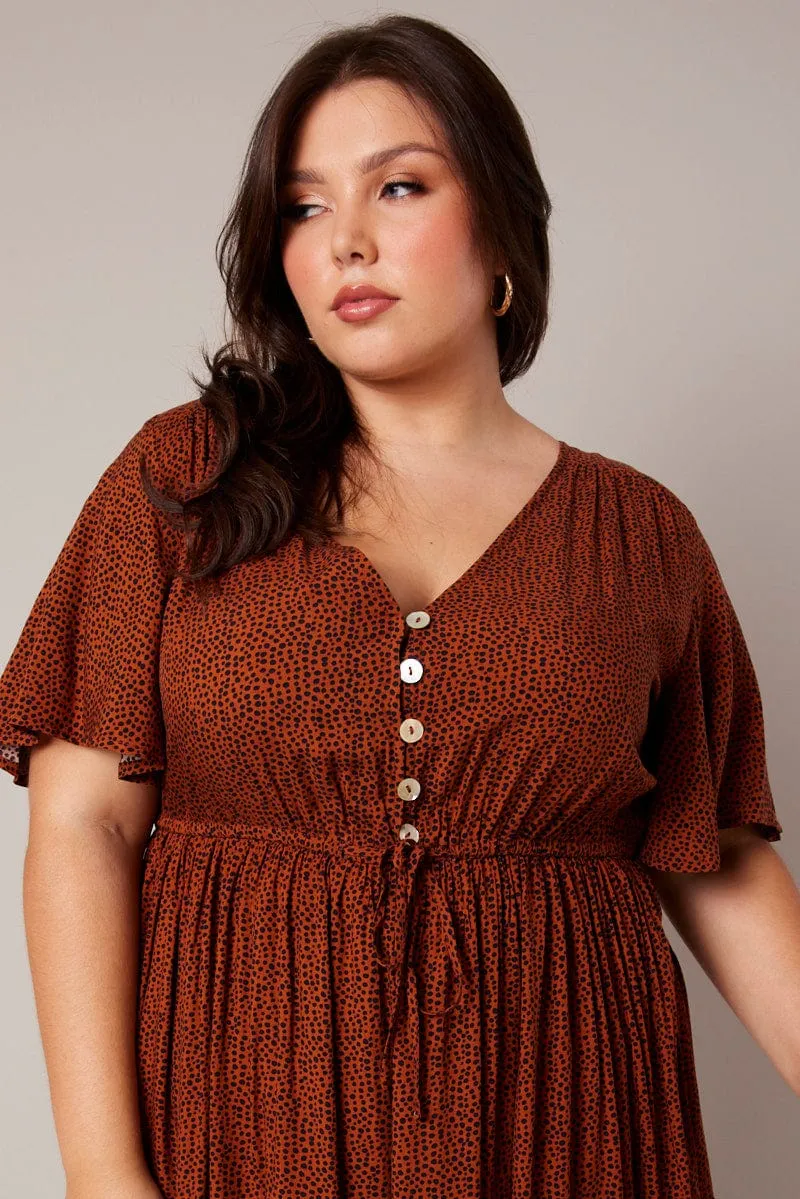 Club Rush Stage Warm Brown Geo Shell Button Mini Dress