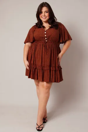 Brown Geo Shell Button Mini Dress Non toxic