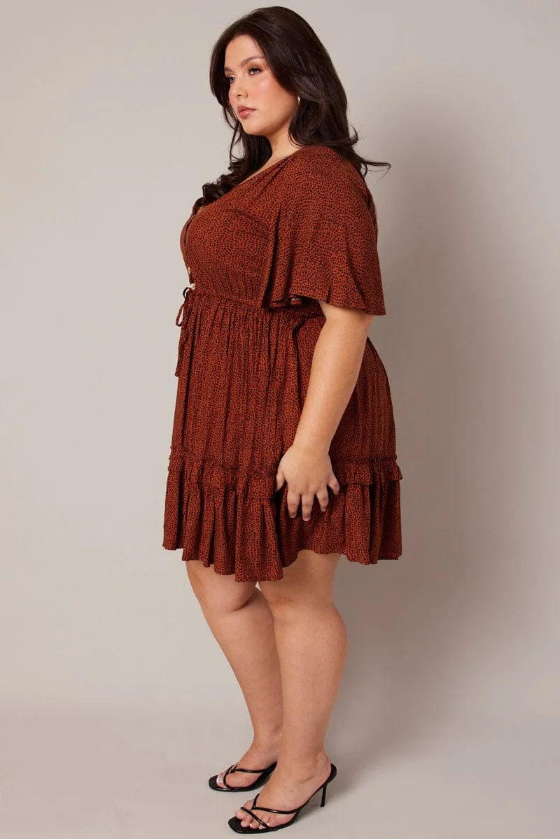 Brown Geo Shell Button Mini Dress Fun floral mini