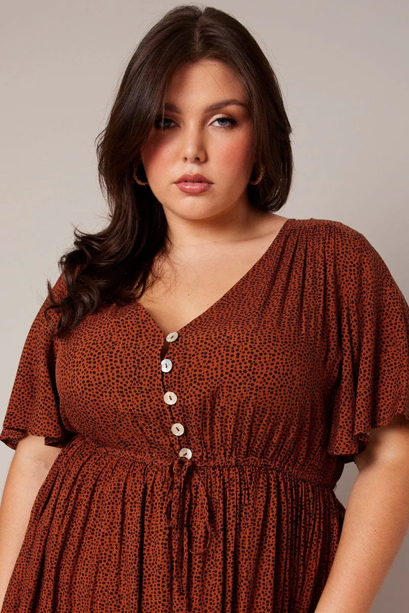Brown Geo Shell Button Mini Dress fade resistant color Curvy Love
