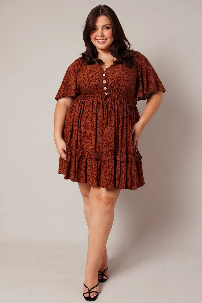 Brown Geo Shell Button Mini Dress Non toxic