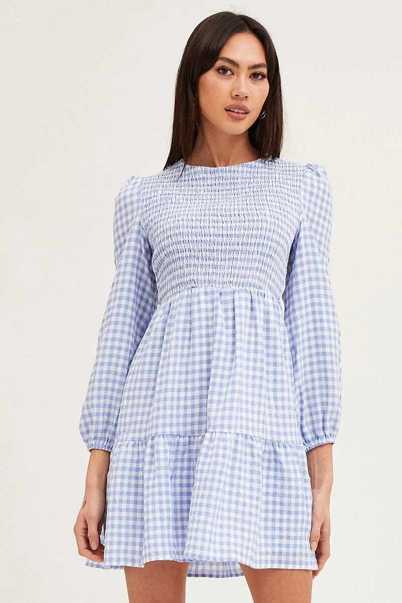 Check Shirred Bust Mini Dress Scalloped Edge Detailing