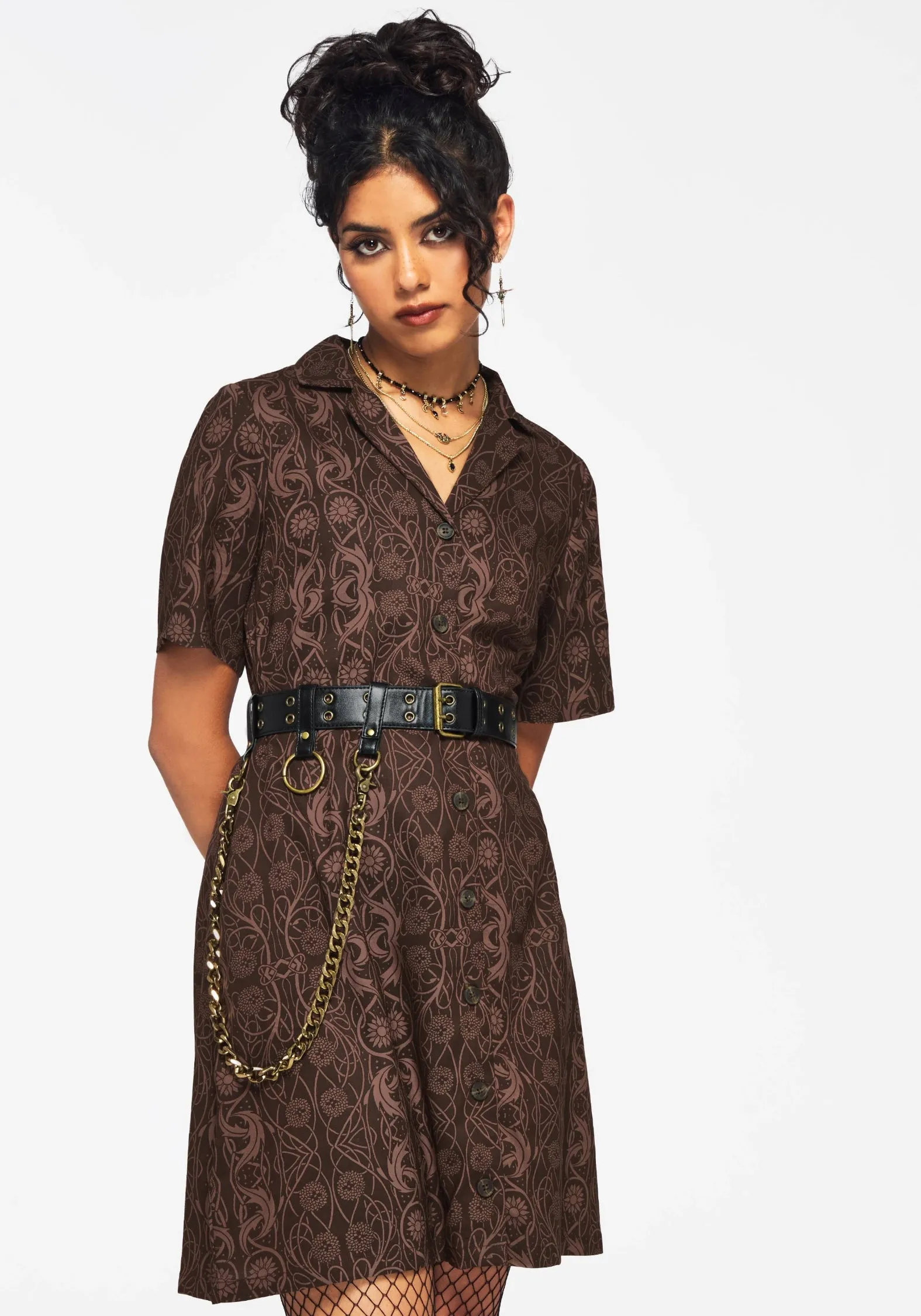 Fianna Button Front Mini Dress - Brown Slit Thigh Modification Day-to-evening versatile mini