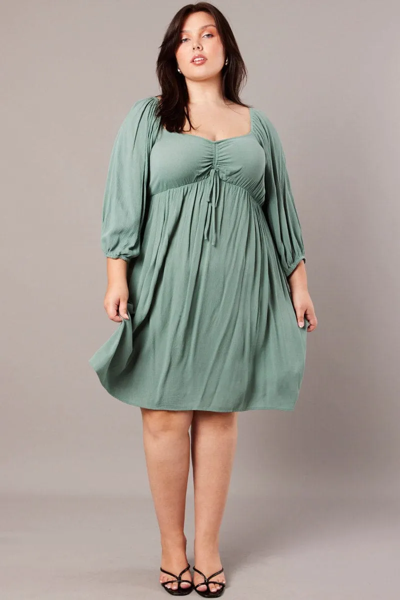 Photo Ready Green Crinkle Ruched Drawstring Mini Dress