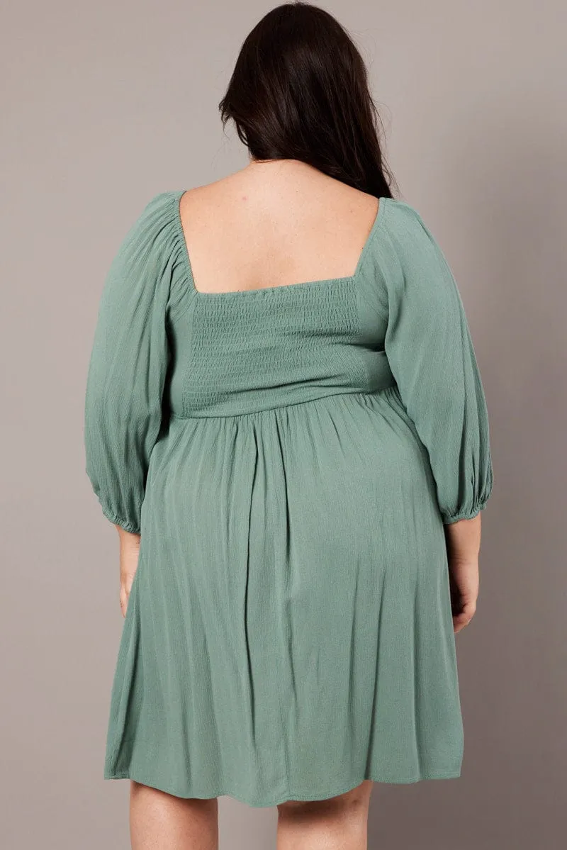 Glitter Mode Green Crinkle Ruched Drawstring Mini Dress