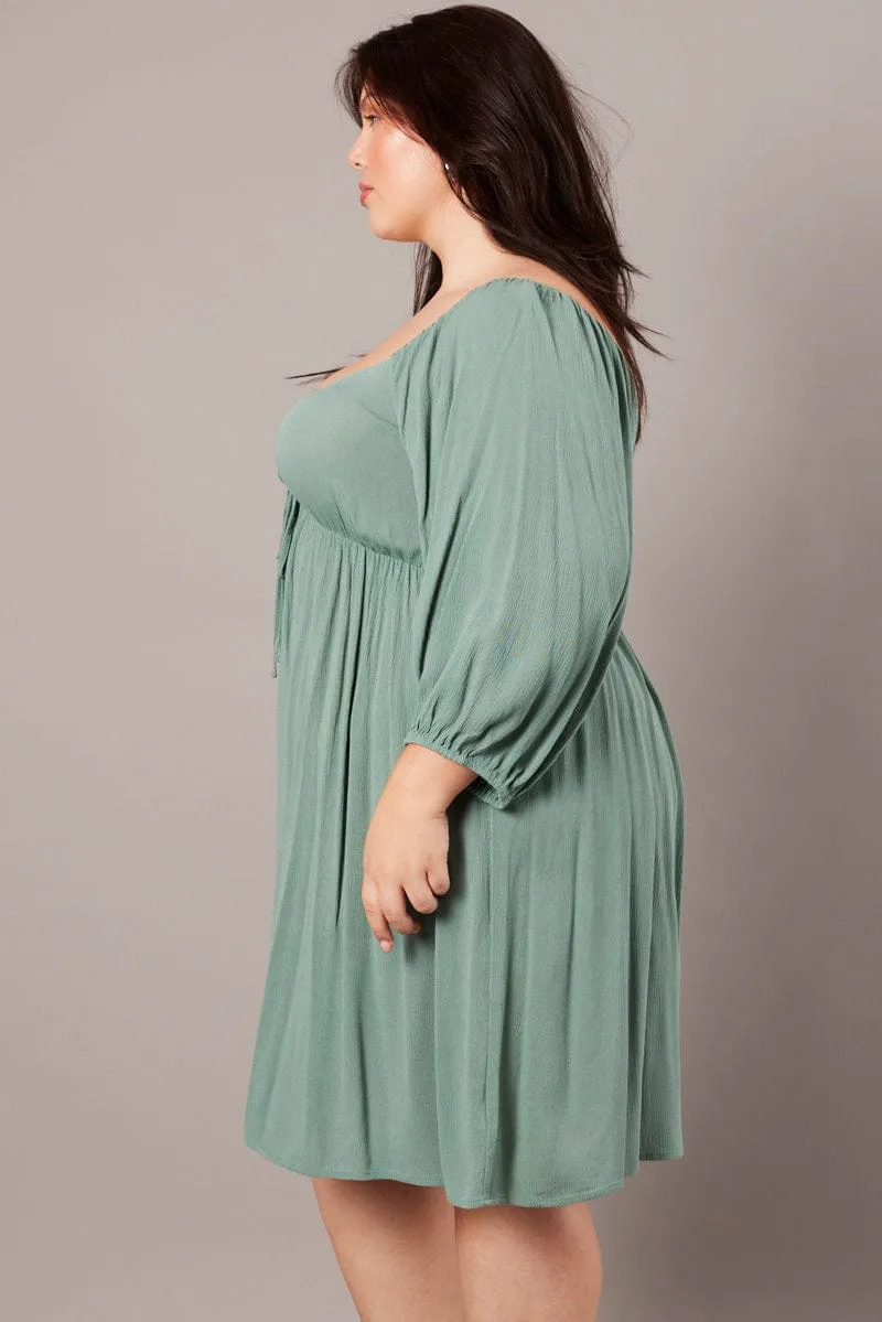 Green Crinkle Ruched Drawstring Mini Dress Evening Glow Show Glow