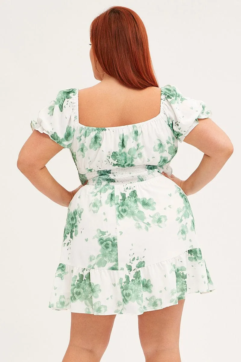 Green Mini Dress Puff Sleeve Gather Detail Charming Prints
