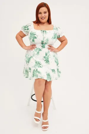 Green Mini Dress Puff Sleeve Gather Detail Feminine relaxed mini Urban Heat