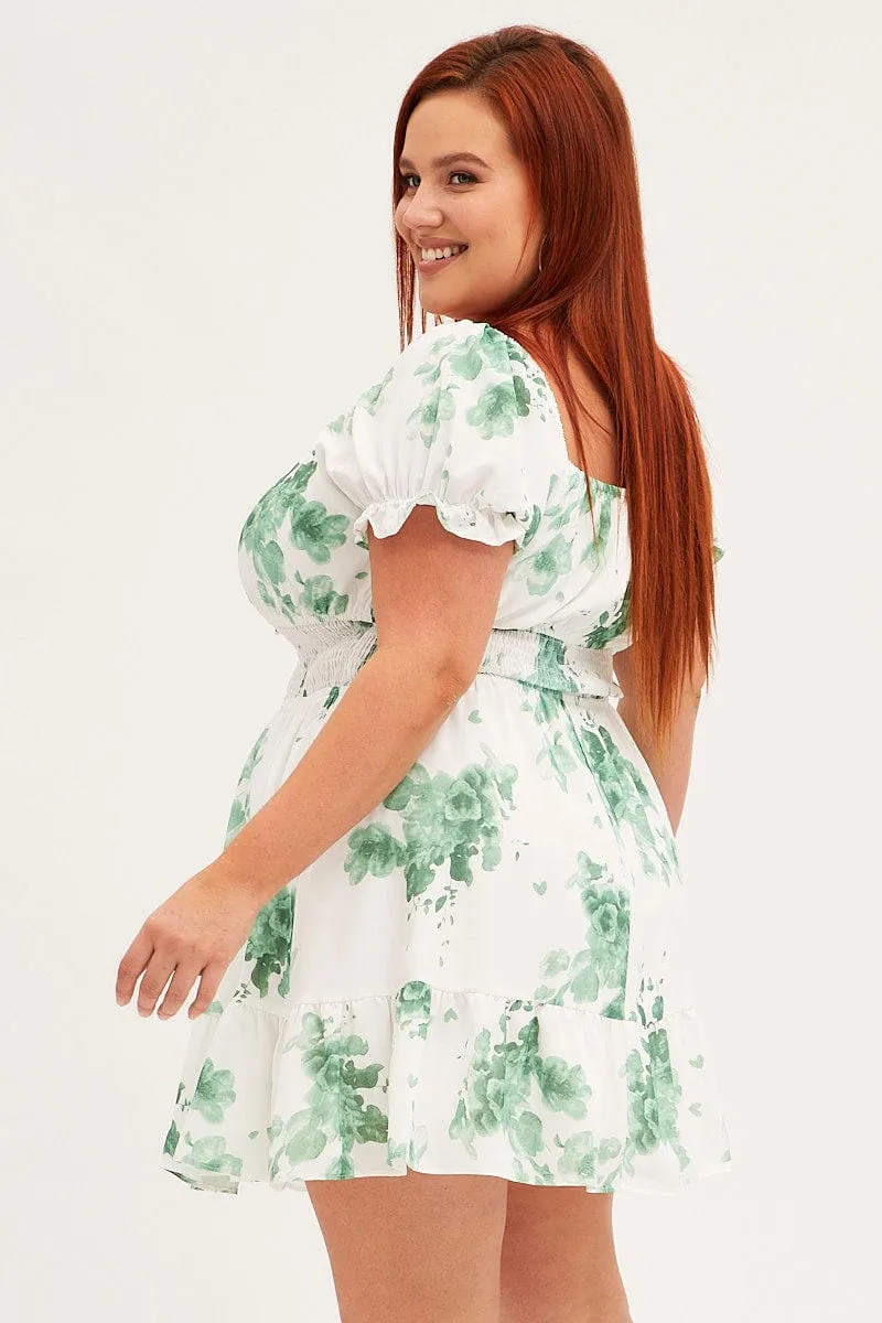 Green Mini Dress Puff Sleeve Gather Detail Comfort Look