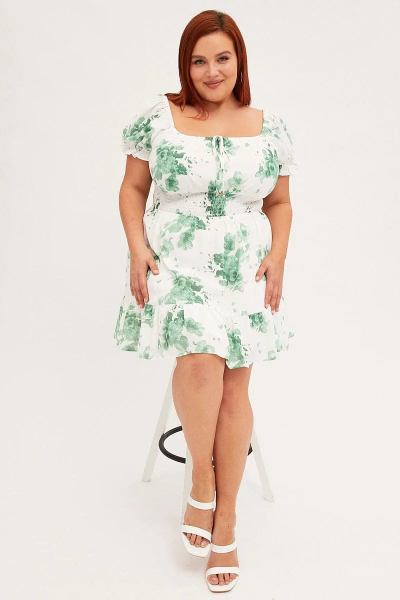 Beat Hot Green Mini Dress Puff Sleeve Gather Detail