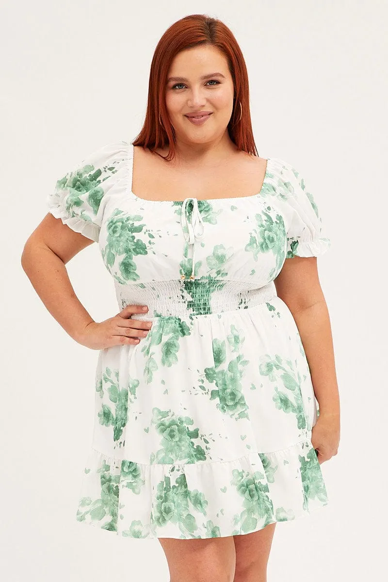 Green Mini Dress Puff Sleeve Gather Detail Hot Beat