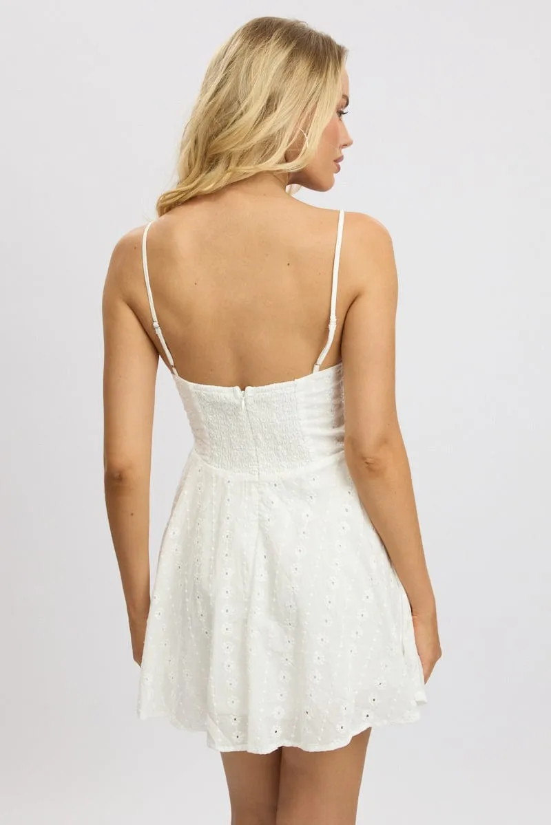 White Fit And Flare Dress Mini Eyelet Fabric Knit Blend Fabric