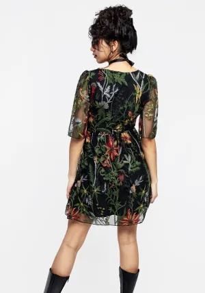 Wildflower Embroidered Mesh Mini Dress Magnetic Button Closure