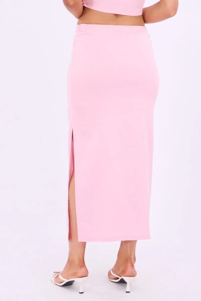 Embroidered Detail Pink Gathered Midi Skirt High Rise Bengaline Split